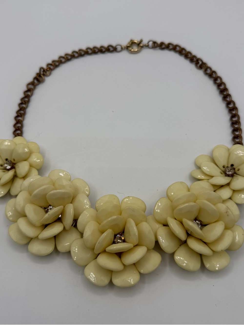 Vintage Lucite Floral Statement Necklace Ivory Cream Rhinestone Gold Tone